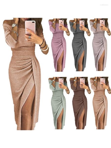 Abiti casual Elegante abito lungo solido Donna a vita alta con spacco sulla spalla Lucido partito serale Abiti sexy da club Abbigliamento autunnale invernale