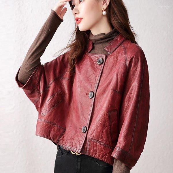 Damen Leder Vintage Design Echte Kurze Jacke Frauen Einreiher Stehkragen Fledermaus Ärmel Mode Outwear Weibliche Schaffell Mäntel