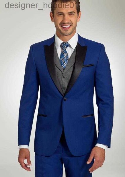 Abiti da uomo Blazer economici Abiti da uomo blu Slim Fit Groomsmen Smoking da sposa Risvolto con visiera Abito da sposo Blazer formale da lavoro con giacca Pantaloni Gilet grigio L230914