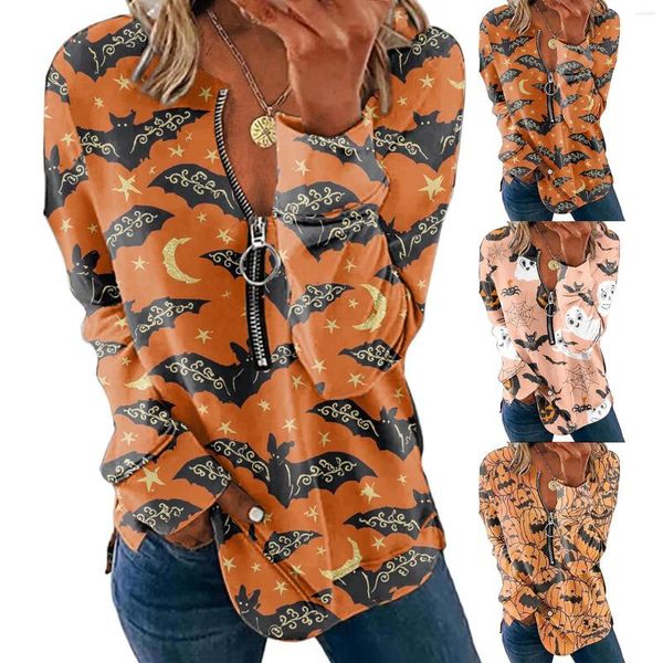 Felpe con cappuccio da donna Felpe anni '80 per donna Donna Halloween Pipistrello Stampa Moda Casual Manica lunga Cerniera Bavero Felpa con cappuccio Camicia dolce