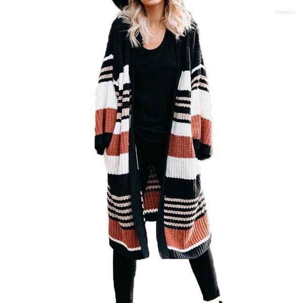 Damenpullover Herbst/Winter-Cardigan-Pullover Europäischer und amerikanischer Plus-Size-Mantel mit lockerem Streifenkontrast und zwei Taschen
