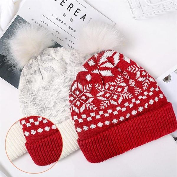 Frauen Weihnachten Schneeflocke Winter Gestrickte Beanie Hut Niedliche Flauschige Pompom Stretch Cuffed Schädel Kappe Urlaub Ski Ohr Wärmer269c