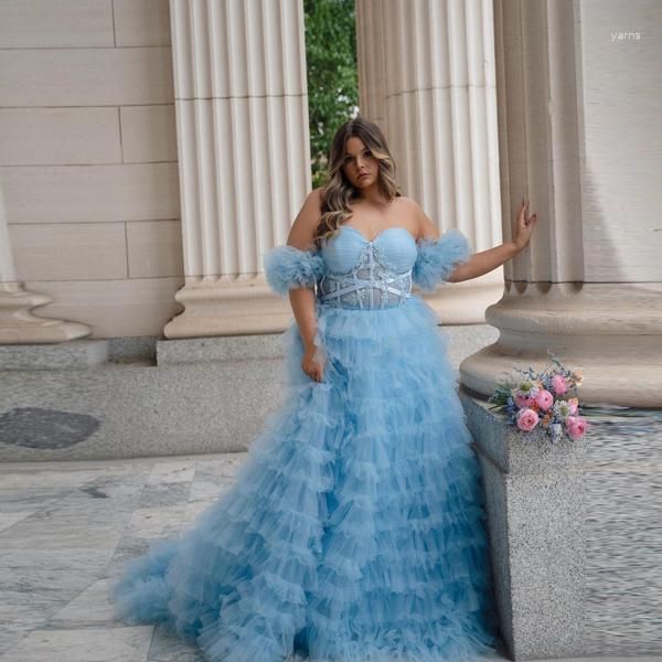 Abiti casual Pretty Sky Blue A-Line Sweetheart senza spalline a strati volant lungo tulle taglie forti abiti da ballo sul retro in pizzo donna