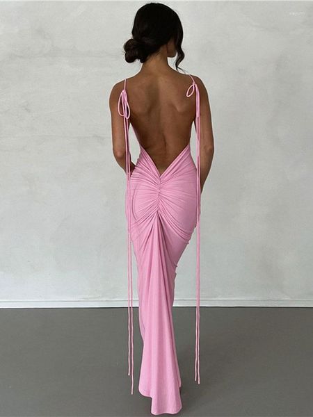 Casual Kleider Tossy Lace-Up Plissee Maxi Kleid Weibliche Schwarz Mode Backless Halter Bandage Party Elegante Lange