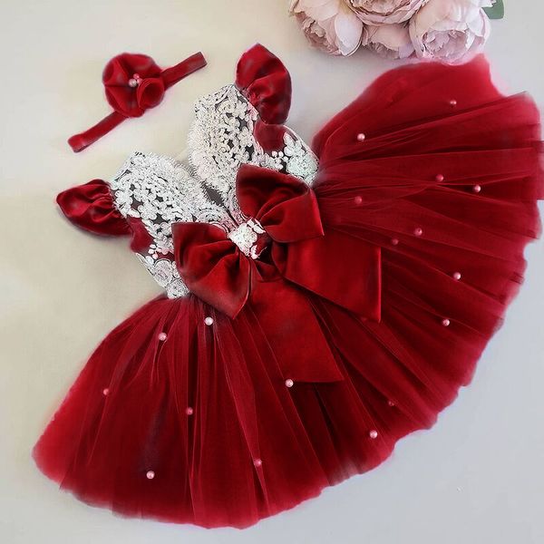 Mädchenkleider Baby Mädchen Prinzessin Partykleider Blumenspitze Rotes Weihnachtskleid für Kinder Süßes Geburtstags-Hochzeits-Abendkleid Jahreskostüm 230914