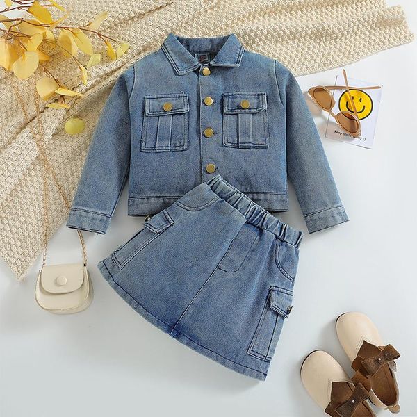 Conjuntos de roupas crianças meninas primavera outono saia conjunto cor sólida manga comprida jaqueta de botão com cintura elástica mini roupa jeans de 2 peças