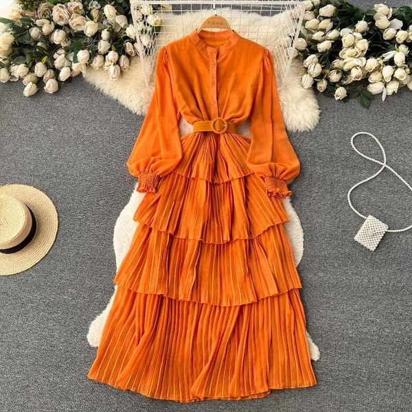 Casual Kleider Herbst Langes Kleid Für Frauen Solide Gürtel Oansatz Tiered Laterne Hülse Plissee A-linie Vestidos Weibliche Falten Drop