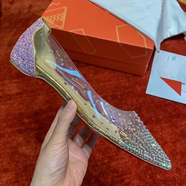 Gold Dazzle Film Flats Kadın Ayakkabı Tek Ayakkabı Deri Kırmızı Rhinestone Banliyö Ayakkabıları Lüks Tasarımcı Günlük Kadın Ayakkabıları Boyutları 35-42 +Kutu