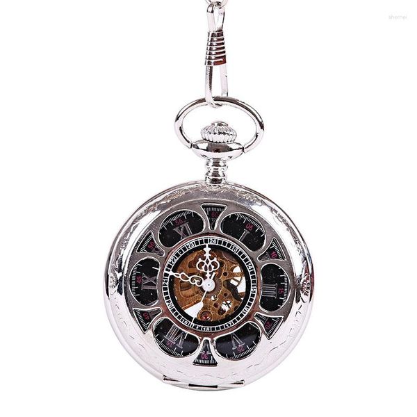 Relógios de bolso 20 pçs/lote vintage prata oco flor flip relógio mecânico esqueleto romano dial presente masculino com corrente
