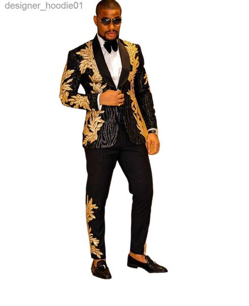 Ternos masculinos Blazers Preto Mens Terno Duas Peças Lantejoulas Bordado Noivos de Casamento Smoking Custom Made Um Botão Formal Prom Terno Jaqueta e Calças L230914