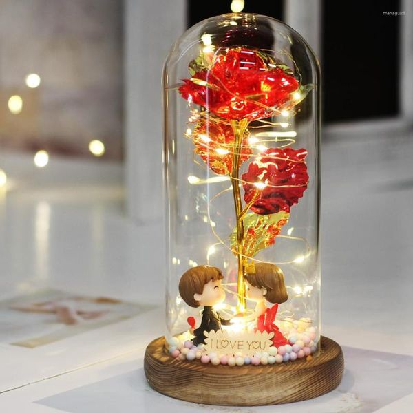Fiori decorativi Romantici 24k Carta lamina d'oro Rosa eterna in cupola di vetro Natale San ValentinoFiore artificiale Decorazione Regalo Bellezza e il