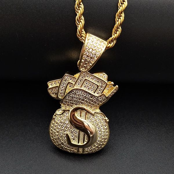 Vergoldete Iced Out CZ-Kubikzirkonia-Herren-USD-Geldbeutel-Anhänger-Kette-Halskette, personalisierter Volldiamant-Hip-Hop-Schmuck, Geschenke f315V