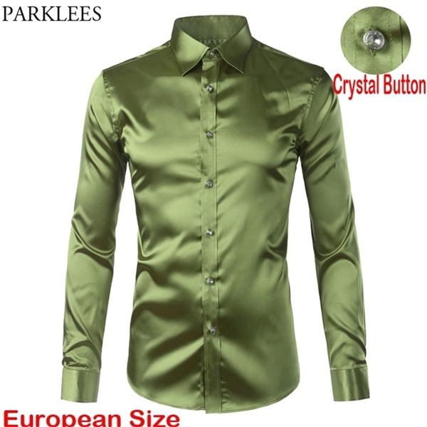 Camicia elegante in raso di seta verde da uomo di marca di lusso Casual Dance Party Manica lunga Chemise Camicie da smoking antirughe lisce 220512330B