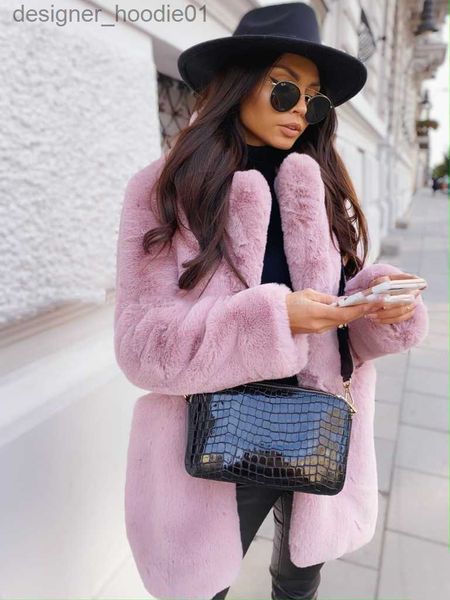 Pelliccia da donna Pelliccia sintetica Donna Inverno Caldo Cappotto di pelliccia sintetica Spessa Cappotto da donna Medio lungo Cappotto rovesciato Colletto femminile Signora Giacca di peluche spessa di colore puro Musthave Capispalla Sno