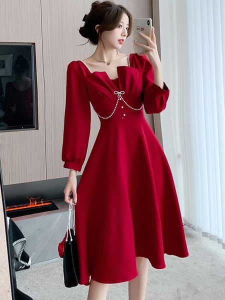 Abiti casual 2023 moda autunnale elegante colletto quadrato abito da festa abiti da donna che borda vita sottile Midi rosso da sera