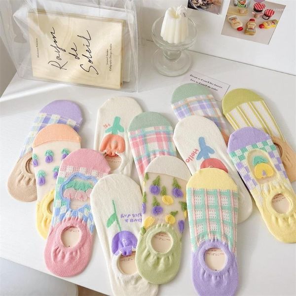 Женские носки, 2023 г., корейский стиль, повседневные милые короткие носки с невидимой сеткой для девочек, тапочки, женские прозрачные хлопковые носки, 10 пар