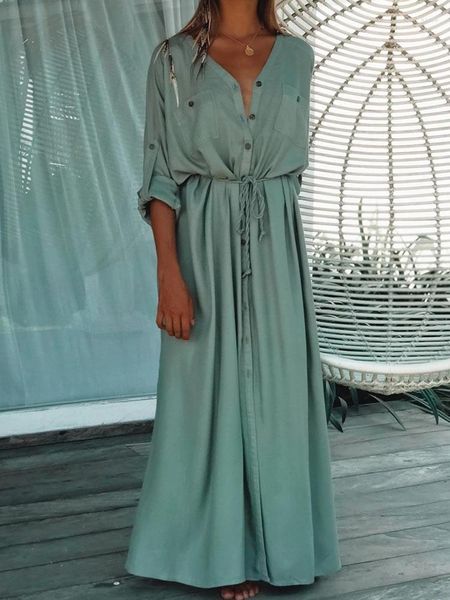 Damenbadebekleidung Sexy Split Strandkleid Frauen Sommer Maxi Button Up Spitze Beachwear Cover Ups Badeanzug Grün Solide Vestidos