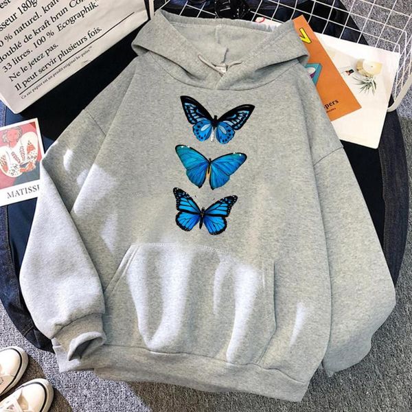 Damen Hoodies Casual Blue Butterfly Print Hoodie Damen Mode Kawaii Harajuku Pullover Lustige Kleidung Kapuzen Mädchen Tops Sweatshirt