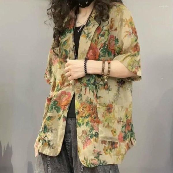 Kadınlar Suits İnce Blazers Kadın Ceket Şık Harajuku Vintage Çiçek Baskı Takım Bayanlar Gündelik yaz gevşek yarım kollu hırka blazer
