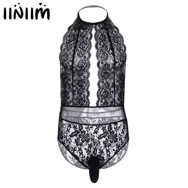 Lingerie masculina bodysuit renda transparente crossdress sexy roupa interior sem costas corte sissy gay masculino bolsa jockstraps nightwear192z