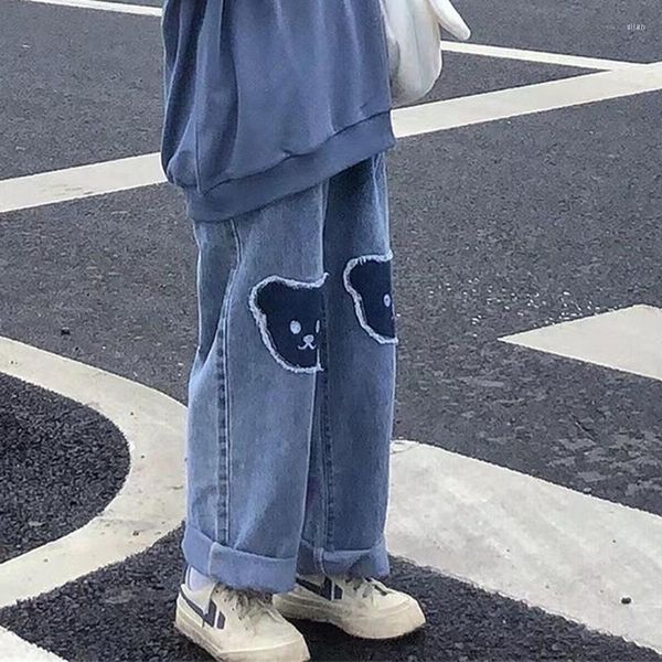 Jeans da donna Zoki Harajuku Preppy Bear Patch Donna Estate Coreana Sezione sottile Denim Pantaloni a gamba larga Pantaloni dritti larghi a vita alta