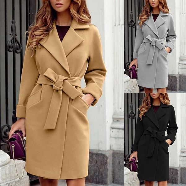 Cappotto lungo con risvolto elegante primaverile in lana da donna retrò tinta unita moda caldo sottile con cintura cappotti e giacche invernali da donna