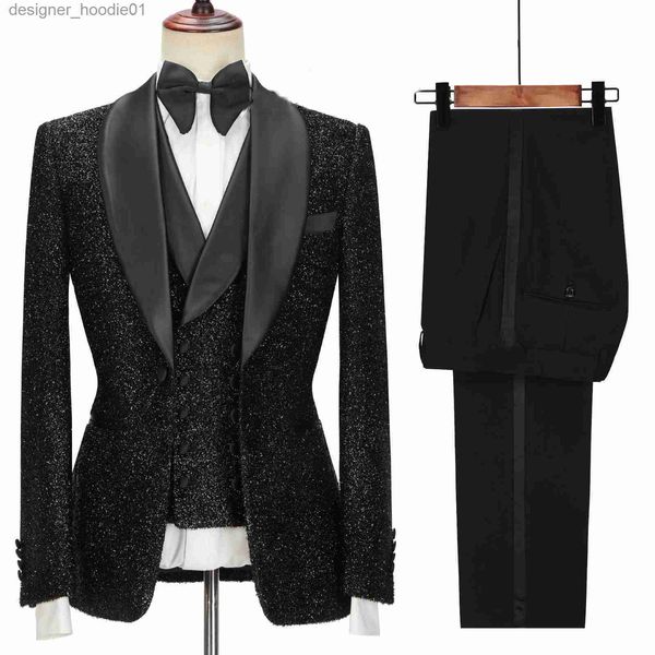 Ternos Masculinos Blazers Mais Recentes Casaco Calça Designs Moda Brilhante Preto Homens Ternos Para Casamento Noivo Smoking Slim Fit Terno Masculino Prom Party 3 Peças L230914