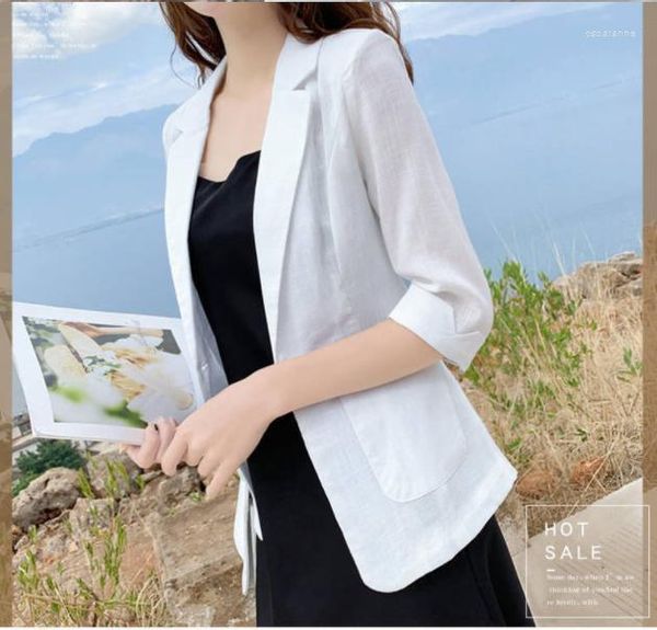 Kadınlar Suit Pamuk ve Keten Takım Ceket Bahar Yaz Şık Zarif Ceketler Kısa Blazers Beyaz Kadın Blazer Kadınlar İçin
