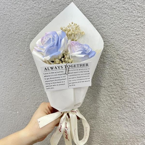 Fiori decorativi Rosa blu ghiaccio Fiore di sapone Bouquet di vita eterna per regalo di compleanno della fidanzata Po