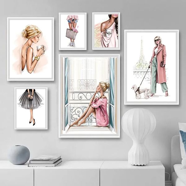 Moda menina salto alto nórdico cartazes e impressões arte pintura em tela bolsa champanhe parede fotos para sala de estar decorar l01