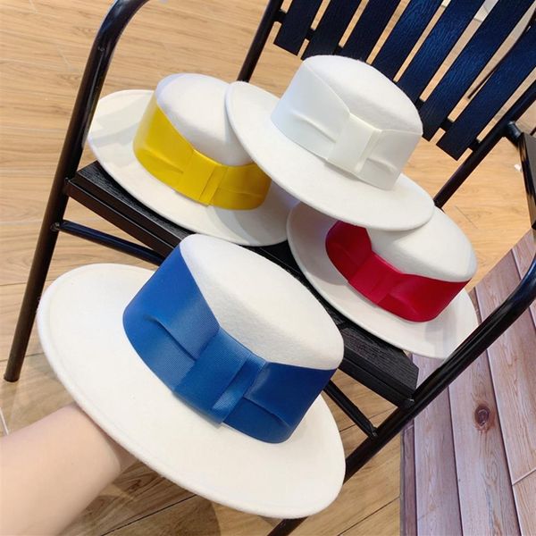 Clássico aba larga chapéu fedora 100% lã branco chapéu superior plano para mulheres chapéus de festa de casamento outono inverno warm200t