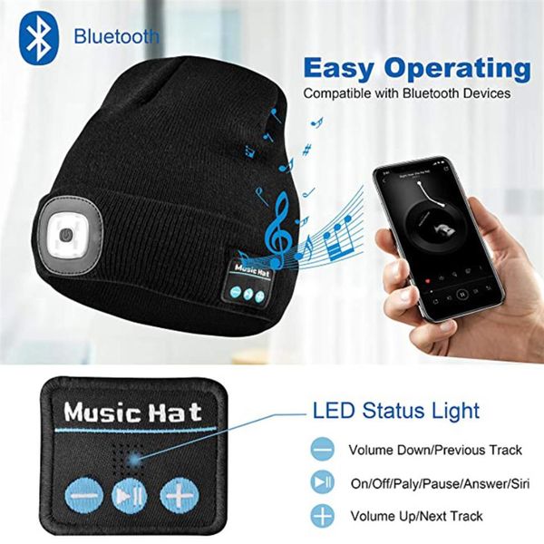 Winter-Beanie-Mütze, Unisex-Mütze, weiche Strickmütze, kabellos, Bluetooth 5.0, Smart Cap, Stereo-Kopfhörer-Headset mit LED-Licht mit OPP333k