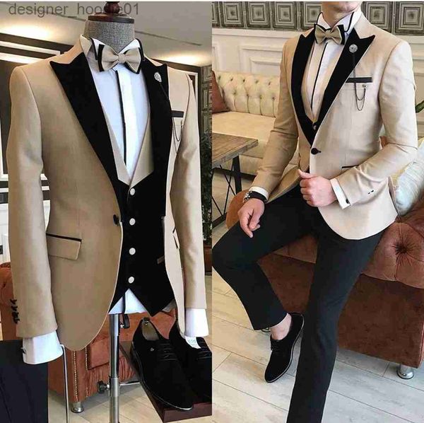 Ternos masculinos Blazers Champanhe Um Botão Mens Ternos de Baile Ternos de Casamento de Lapela Repicada Para Homens Smoking Baratos Três Peças Blazers Calças Jaqueta e Colete L230914