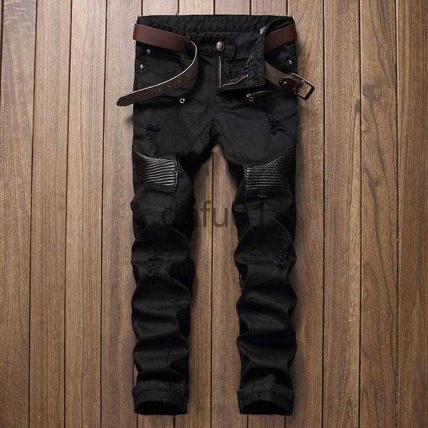 Мужские джинсы Модельер Мужские рваные байкерские джинсы Кожаные лоскутные облегающие черные мото-джинсовые беговые брюки для мужчин Потертые джинсовые брюки210e x0914
