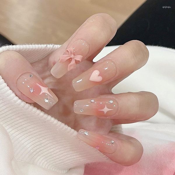 Pregos Falsos 24 Pcs Longo Ballet Transparente Pressão Falsa com Strass Arco Coração Design Removível Dicas de Unhas Artificiais