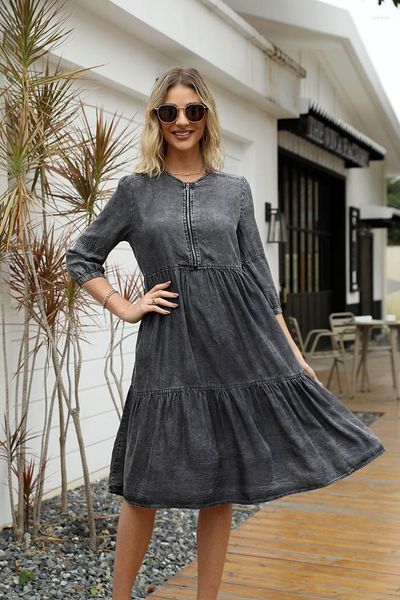 Vestidos casuais retro denim vestido feminino moda em torno do pescoço zíper grande plissado velho comprimento médio 3/4 manga plissado verão