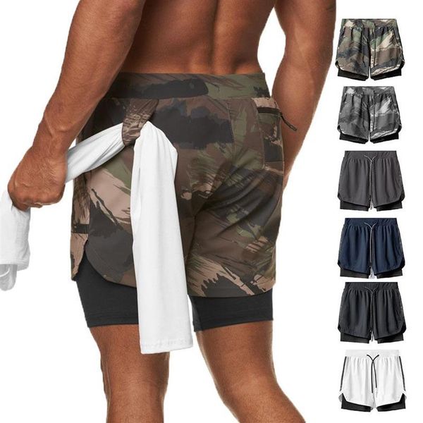 Shorts de corrida masculino camuflagem cintura elástica cordão esportes masculino 2 em 1 double-deck ginásio fitness treino roupas240s