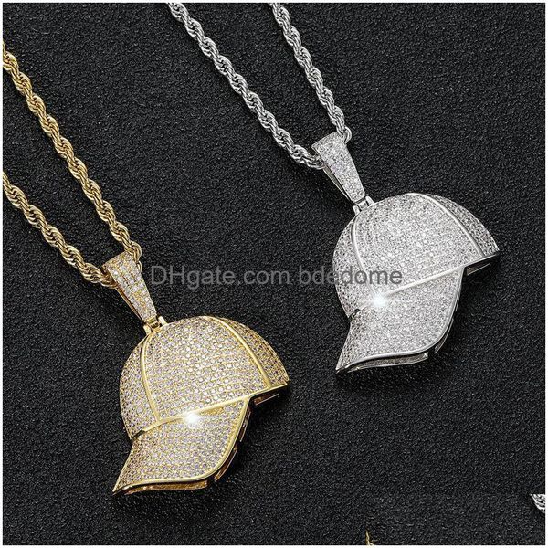 Outros conjuntos de jóias esporte chapéu de beisebol colar conjunto 18k ouro cúbico zircônia bling diamante hip hop verão chapéus pingente colares mulheres m dhdps