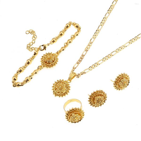 Colar brincos conjunto dubai eritreia áfrica flor de ouro anel ajustável aberto pulseira redonda etíope feminino meninas nupcial