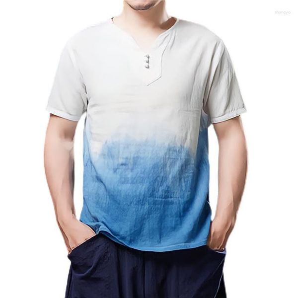 Erkekler Tişörtleri Pamuk Keten Erkekler Boya Gradyan Mavi Kısa Kollu T-Shirts 2023 Yaz Topları V yaka Erkek Günlük Tee Fil