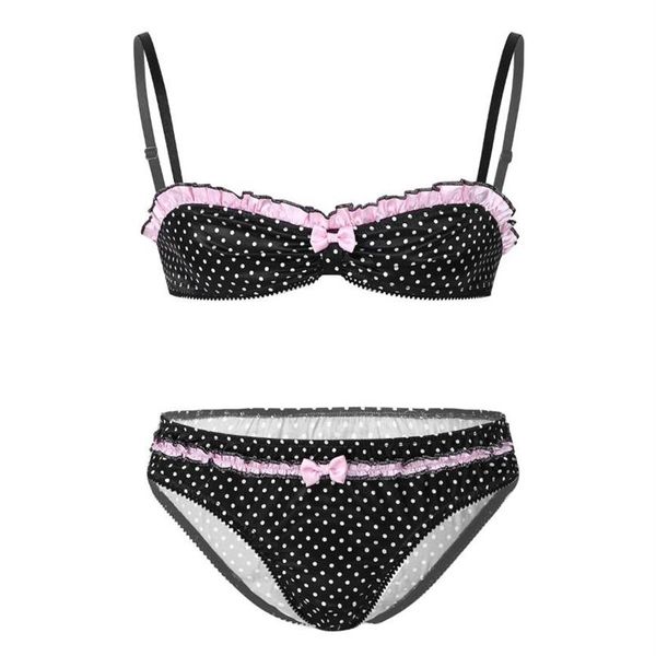 Herren Sissy Dessous Set Polka Dot Print BH und Slips Höschen Gay Satin Unterwäsche Nachtwäsche Männer Erotik Crossdressing Costum288Z