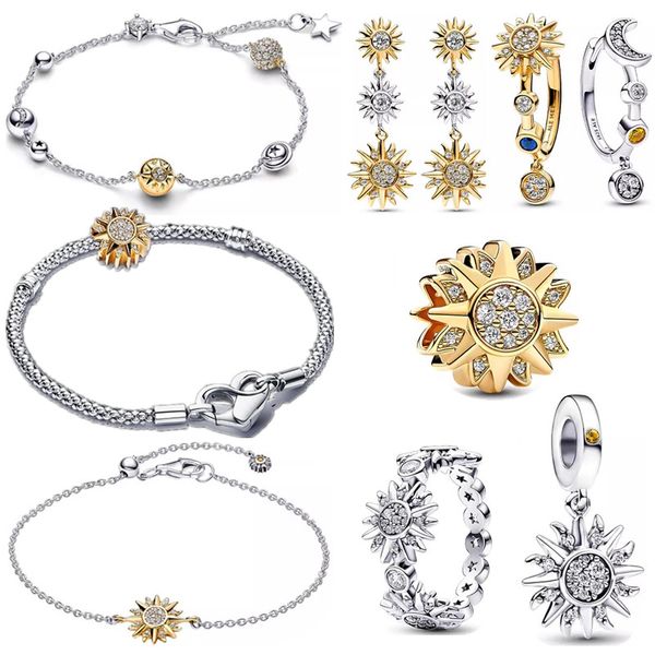 Novo 925 prata esterlina encantos pulseira para mulheres designer jóias sol lua brincos anel de ouro link corrente pulseira diy caber pandoras colares moda presentes