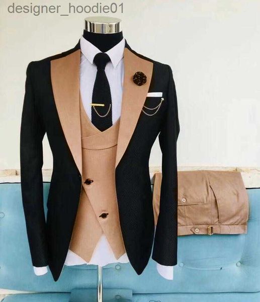 Erkekler Suits Blazers Gold Mens Prom Takas Çentikli Kavur İnce Fit Düğün Takım Smokin Üç Parça Blazers Ceket Yelek ve Pantolon L230914