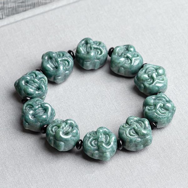 Strang Natürliche A-Qualität Jade Deep Bean Green Maitreya Buddhas Handschnur Buddha-Kopf-Perlenarmband