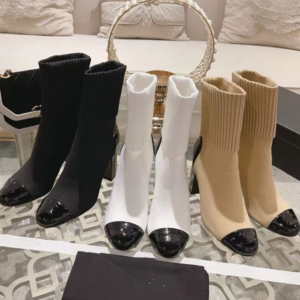 2023 Designer Damen Luxus hohe Wollsocken Stiefel Mode Laufsteg Lackleder Buchstaben gedruckt Casual Boots Ladys Medium Tube Chunky High-Heeled Boot Schuhe Größe