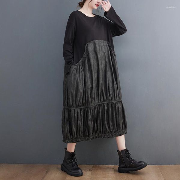 Vestidos casuais japonês escuro estilo preto retalhos shirring chique menina senhoras streetwear moda mulheres outono vestido solto primavera