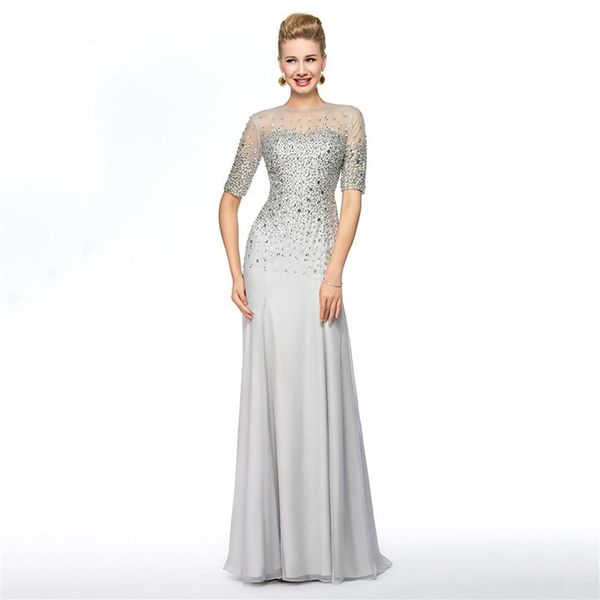 Dressv Grigio Lungo Abito per la madre della sposa Gioiello Collo Guaina Mezze maniche Perline Chiffon Matrimonio personalizzato Festa Madre Dress171o