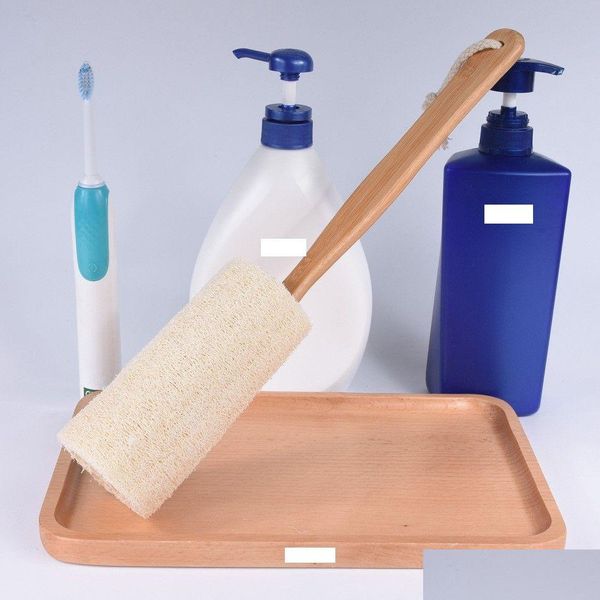 Escovas de banho Esponjas Scrubbers Natural Loofah Escova com alça de madeira longa esfoliante pele seca chuveiro corpo purificador spa masr dh8123 dr dhcqd
