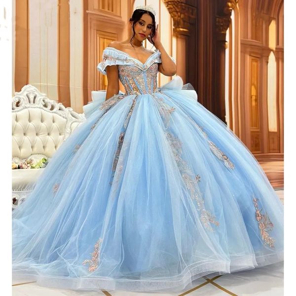 Sky Blue Quinceanera Ball Dritety Party Fresting Speads Applique Beading Gown Dewetheart de