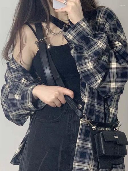 Camicette da donna Camicie scozzesi Harajuku vintage Donna Moda coreana Stile preppy Top oversize casual femminile a maniche lunghe monopetto